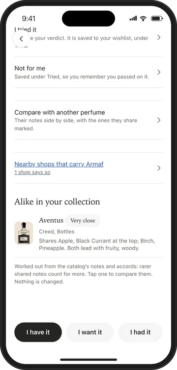 A catalog perfume's page with Alike in your collection: Aventus, Very close, sharing apple and black currant at the top, birch and pineapple, and both leading with fruity and woody.