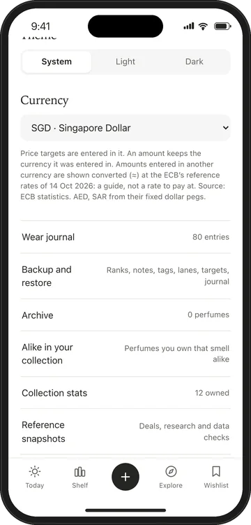 Settings, Currency: Singapore Dollar chosen, with a note on how amounts are converted at the ECB's reference rates of 14 October 2026.