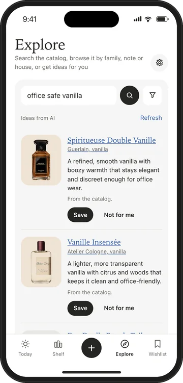 استكشف بعبارة office safe vanilla: أفكار من الذكاء الاصطناعي، أولها Guerlain Spiritueuse Double Vanille و Atelier Cologne Vanille Insensée و Diptyque Eau Duelle، ولكلٍّ سببه، من الكتالوج، مع حفظ أو ليس لي.