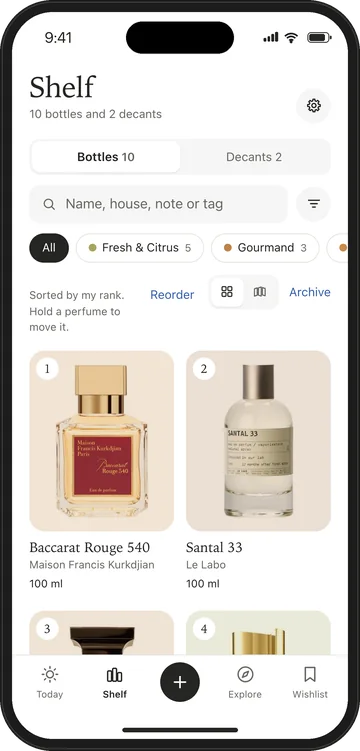 The Shelf: bottles in your own order, each tile tinted by its scent family.