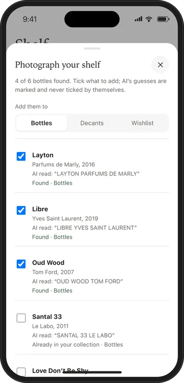 Photograph your shelf: 4 of 6 bottles found, Layton, Libre and Oud Wood ticked, Santal 33 already in your collection.