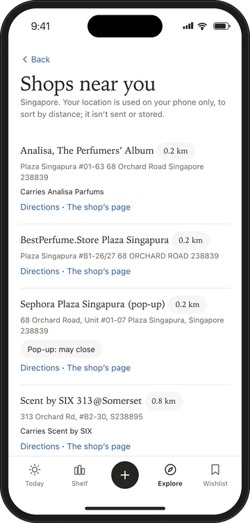 Shops near you: perfume shops at Plaza Singapura and on Orchard Road, each with its distance, address, the houses it carries and Directions.