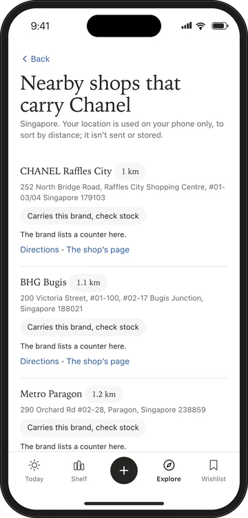 متاجر قريبة تبيع Chanel: CHANEL Raffles City على بعد 1 كم، و BHG Bugis على 1.1 كم، و Metro Paragon على 1.2 كم، ولكلٍّ علامة يبيع هذه العلامة، تحقق من المخزون، مع الاتجاهات.
