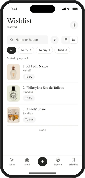 The Wishlist with To try, To buy and Tried, and three perfumes in order.